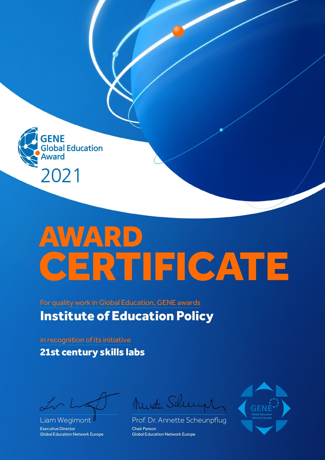 GENE Award Certificate 21 century labs page 0001
